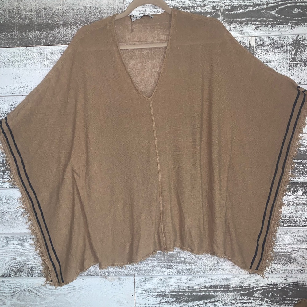 Zara linen blend knit fringe trim poncho Kaftan XS